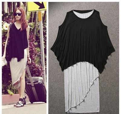 时尚女装新宠 唐嫣同款黑短袖T灰色背心蝙蝠袖两件套连身裙